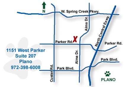 Wide-area reference map of Plano, Texas showing the Parker Road area around Waggin' Tails